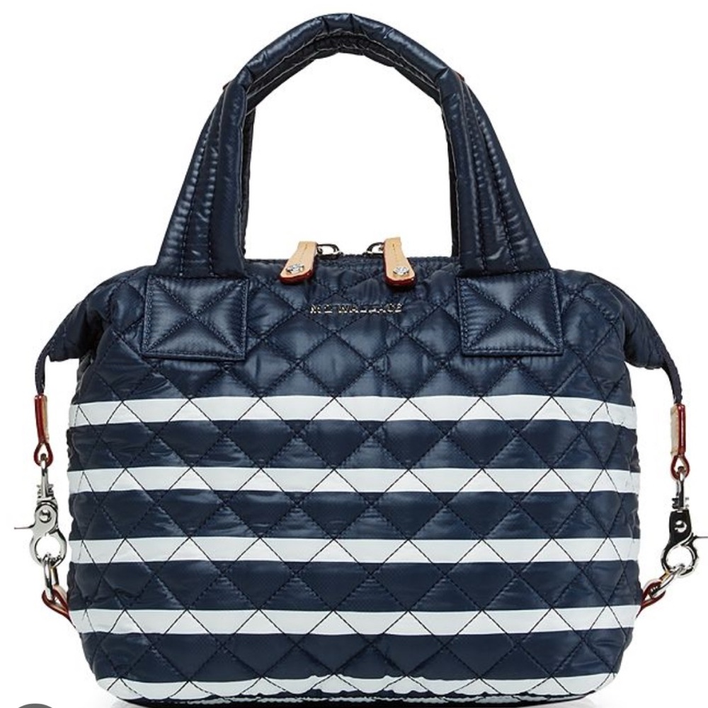 MZ Wallace Navy and White Striped Small Sutton Deluxe Crossbody Bag